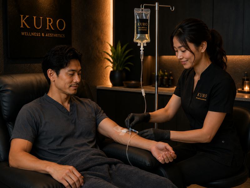 IV therapy infusion setup at Kuro Clinic Los Angeles — custom-blended drip